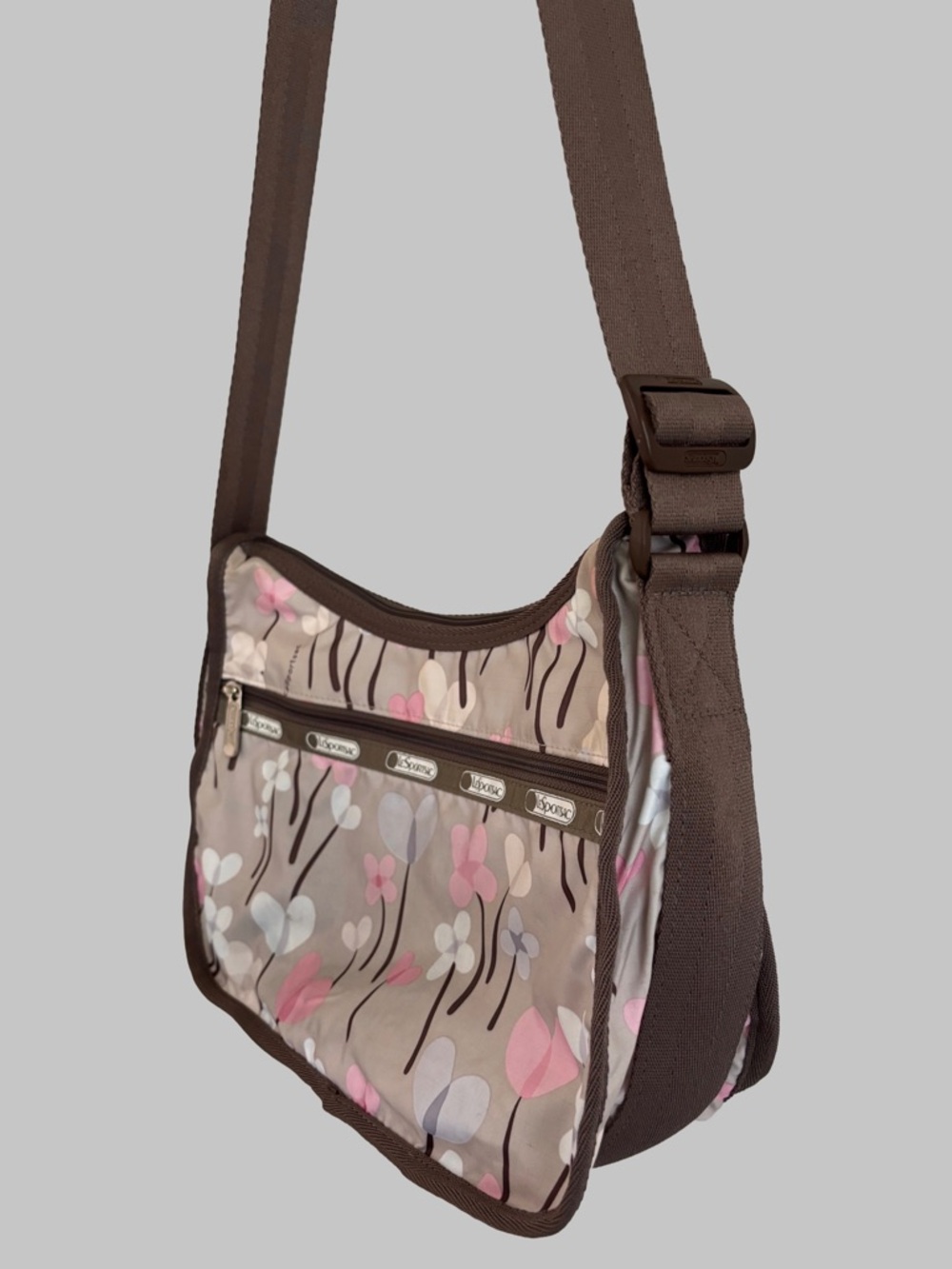 Lesportsac Classic Hobo Brown Floral Crossbody with Pink & Cream Accents